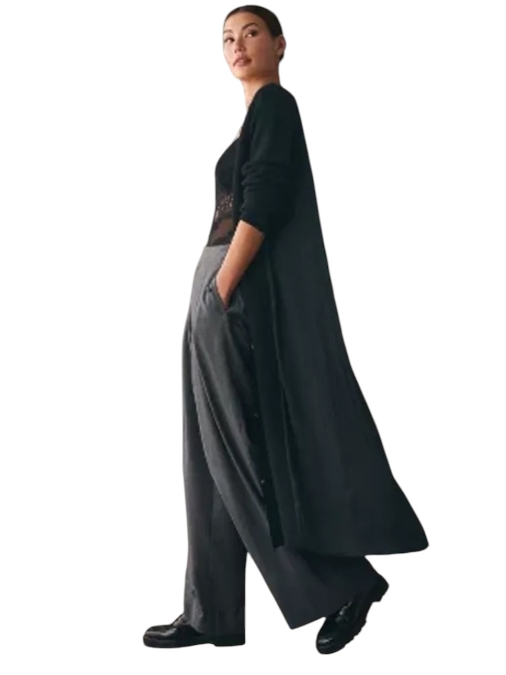 Anthropologie Long Mixed Media Duster Cardigan Navy Blue Button Front Knit